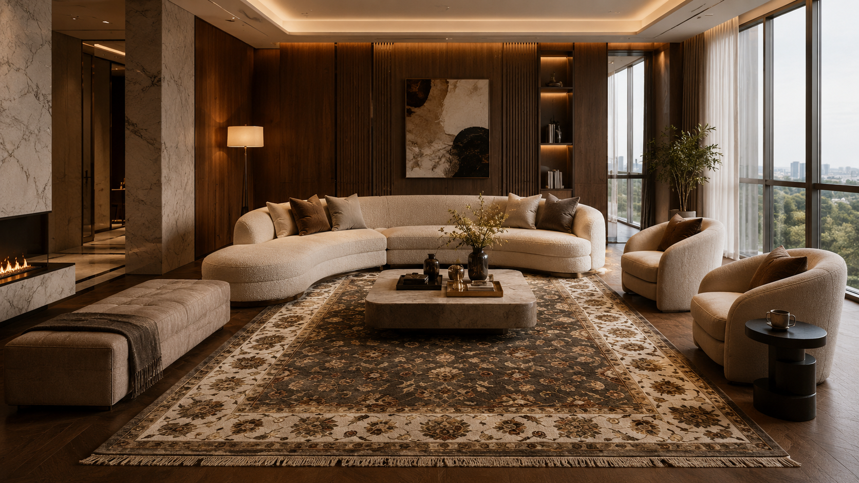 Luxury rug in an elegant living room with marble walls and modern furniture