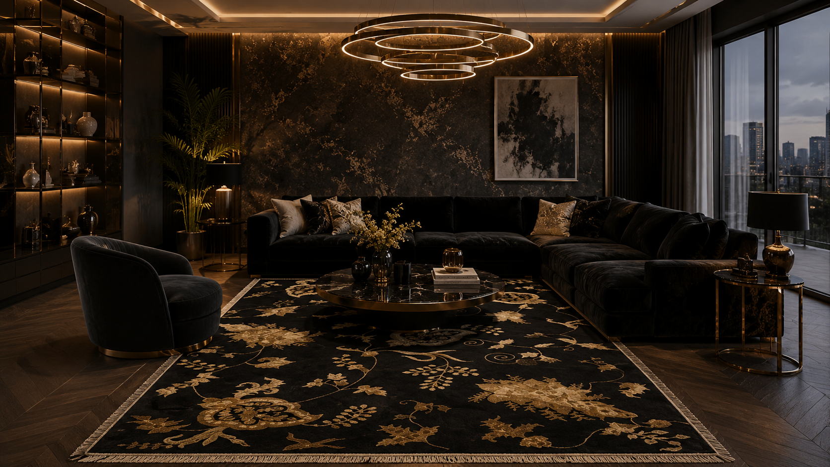 Resha rugs showcased in a luxurious penthouse living area