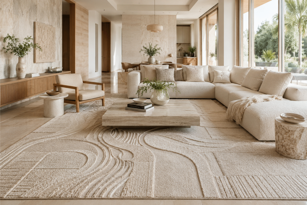 ‘’The Tactile Revolution: How High-Low Pile Rugs Add Depth to Monochromatic Spaces’’